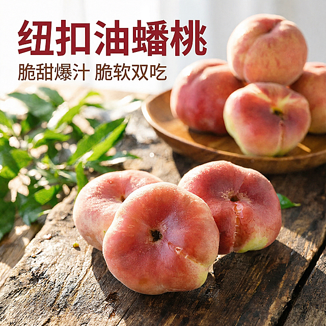 「图片1」「图片1」「图片1」「图片1」「图片1」，生成一套主图（5张），商品名称是纽扣油蟠桃，卖点是脆甜爆汁、脆软双吃，适配抖音平台，主图比例为1:1