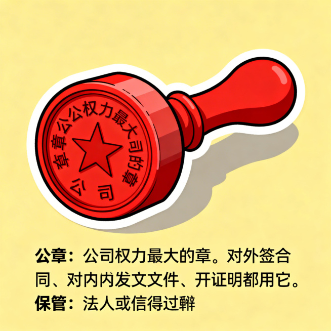 卡通风格插图贴纸：公章，一个红色圆形印章，上面刻有公司全称，旁边有文字说明'公章：公司权力最大的章。对外签合同、对内发文件、开证明都用它。保管：法人或信得过的专人'，背景简洁，色彩明亮预览效果