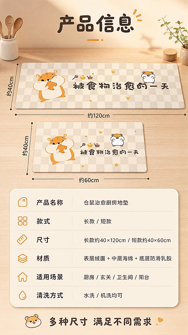 [商品] 使用【图1】治愈仓鼠厨房地垫套装，长款+短款并排展示；保留浅米白棋盘格底色、橙色仓鼠卡通图案、"被食物治愈的一天"文字、整体版型与材质纹理。
[画面] 目标：规格参数页，清晰展示两款尺寸与材质信息。上下构图，上方为长短款地垫平铺展示，旁边标注尺寸线，产品占画面45%；下方为参数信息卡区域。背景为暖米杏渐变底+细腻木纹台面。
[视觉] 套系策略：风格=温馨治愈日系家居商业摄影；标题字=圆润可爱黑体；正文字=简洁无衬线体；主色=暖米杏；背景延展=基于暖米杏做深浅层级、同色渐变和细腻木纹/哑光质感；强调色=暖橙色，仅用于小面积图标、引线和标签；标题色=深棕灰；正文色=中暖灰；组件=圆角浅底信息卡、细线引线、可爱图标；光影=顶部暖柔光，清晰展示参数。
[文字] 顶部主标题"产品信息"，参数表包含：「产品名称」仓鼠治愈厨房地垫、「款式」长款/短款、「尺寸」长款约40×120cm / 短款约40×60cm、「材质」表层绒面+中层海绵+底层防滑乳胶、「适用场景」厨房/玄关/卫生间/阳台、「清洗方式」水洗/机洗均可。底部一行"多种尺寸 满足不同需求"。文字横向排版，清晰易读。
[规格] 图片比例9:16竖版，4K，避免变形、错字、文字过小、冷蓝/蓝灰背景、地垫颜色图案改变、参数模糊。