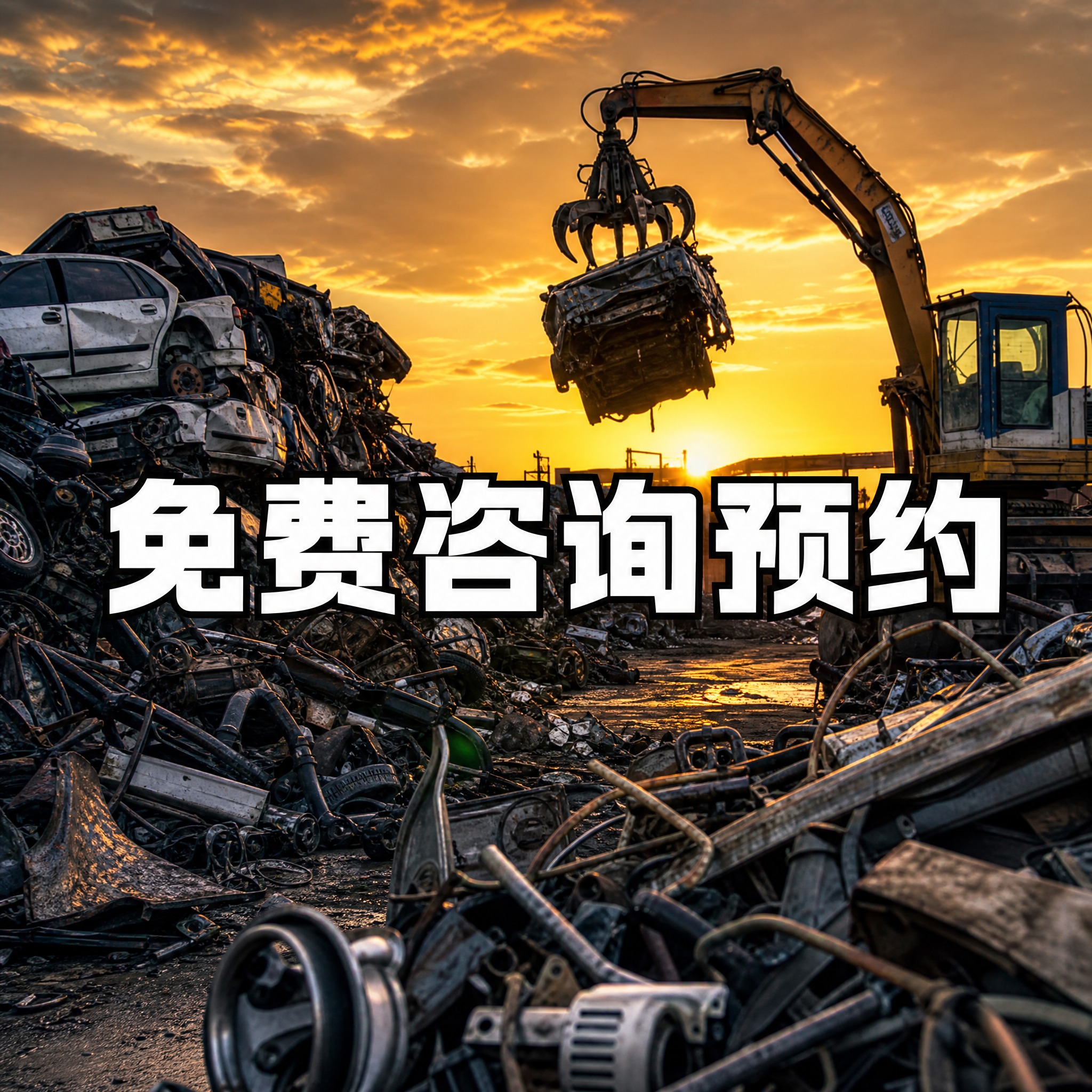 报废车回收厂场景，堆积的废旧汽车、金属废料、起重机，工业风写实… - 图片创意预览