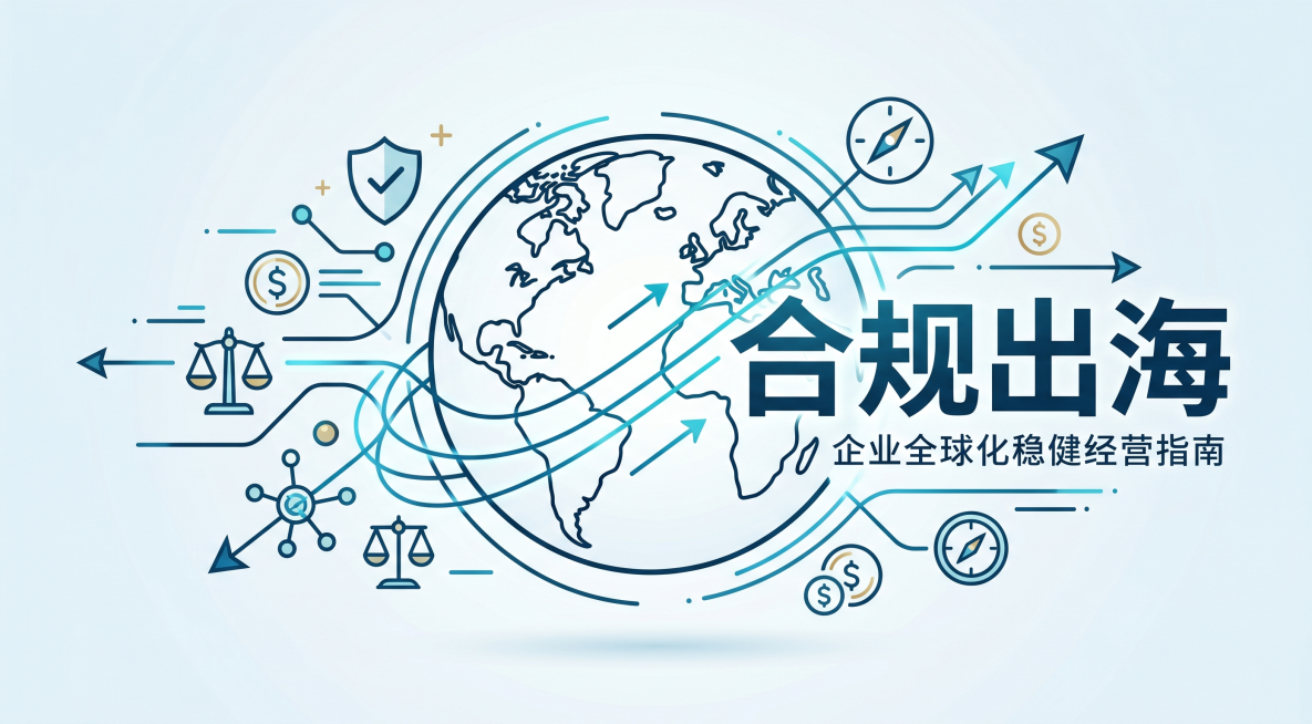 简约商务风公众号封面图，主题为企业出海合规全球商务，画面包含地球轮廓和商务线条，有视觉字样“合规出海”，无人物肖像、无企业logo，整体免费商用创意海报风格预览效果