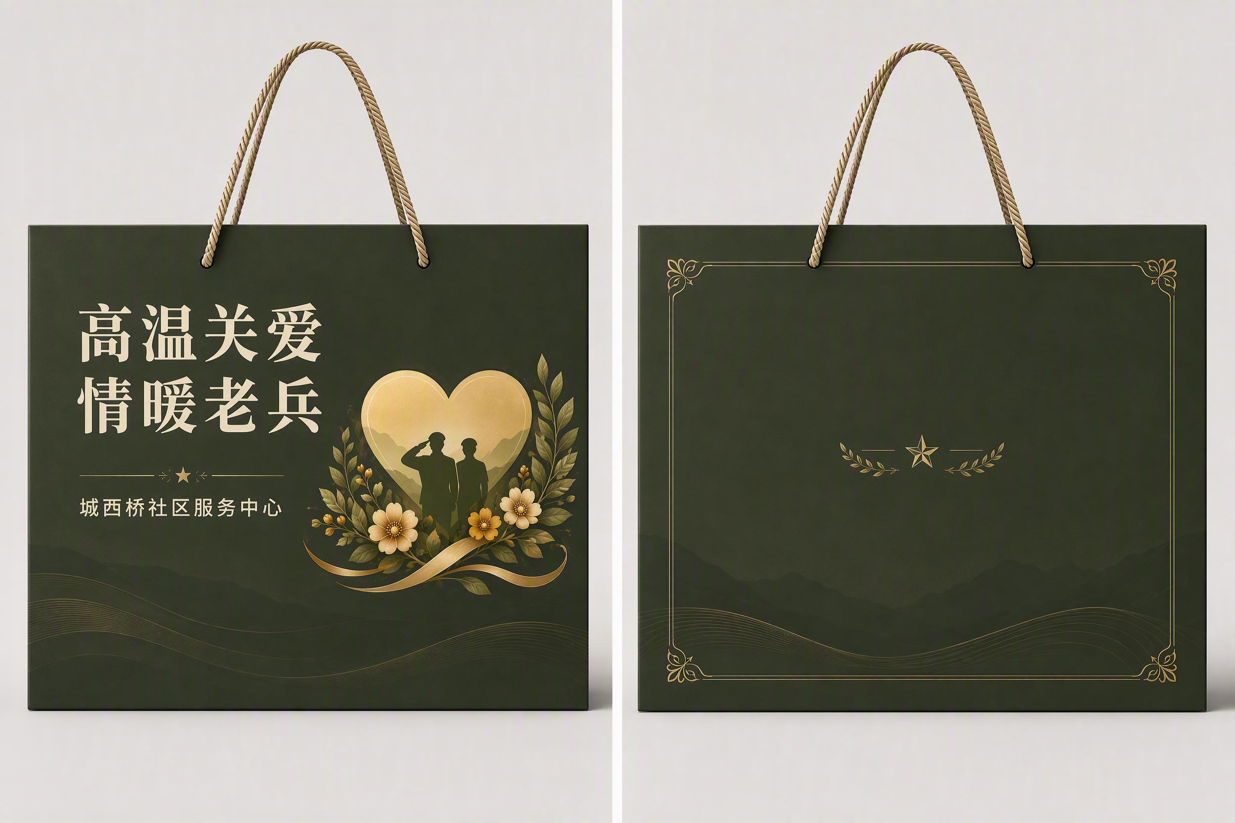 手提袋封面设计，军绿色系，横版布局，展示正面和背面两个面的设计… - 图片创意预览