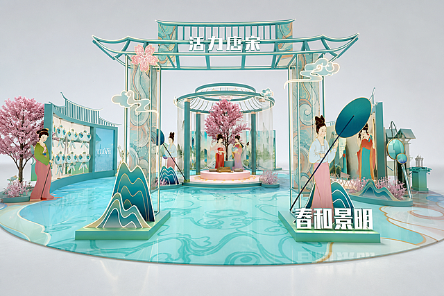 参考图片的清新国潮风格，保留原设计元素"活力唐宋"和"春和景明"，重新生成完整的唐宋主题活动美陈效果图，保持布局结构一致，提升画面清晰度和质感