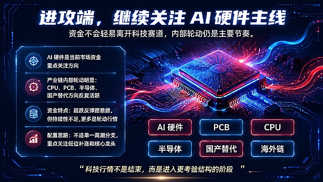 一张科技金融投资主题海报，16:9横版，科技进攻感视觉风格。画面以深邃的深蓝色到黑色渐变背景为基底，中央悬浮着发光的芯片、CPU、电路板和数据线元素，芯片表面有精密的电路纹路，散发出红色与蓝色交织的霓虹光效，红蓝光线在空间中交错流动，象征资金的活跃度与轮动节奏。画面四周有电路板走线和数据流粒子作为装饰，营造出强烈的科技感和进攻感。

文字排版：
- 画面上方居中为大字号主标题："进攻端，继续关注 AI 硬件主线"，字体粗体有力，白色带轻微蓝色发光效果。
- 主标题下方为副标题："资金不会轻易离开科技赛道，内部轮动仍是主要节奏。"，字号稍小，浅灰色。
- 画面中部偏左区域为核心内容板块，包含四条信息点，以发光线条分隔：
  1. "AI 硬件是当前市场资金重点关注方向"
  2. "产业链内部轮动明显：CPU、PCB、半导体、国产替代方向反复活跃"
  3. "资金特点：超跌反弹愿意做，但持续性不足，更多是轮动行情"
  4. "配置思路：不追单一高潮分支，重点关注低位补涨和核心龙头"
- 画面右侧或下方为重点标签区域，六个圆角标签横向或矩阵排列："AI 硬件"、"PCB"、"CPU"、"半导体"、"国产替代"、"海外链"，标签采用红蓝渐变发光边框。
- 画面底部居中为引导语："科技行情不是结束，而是进入更考验结构的阶段。"，字体稍小，带引号，浅金色或白色。

整体风格：3D科技渲染风，红蓝撞色光效，深色背景突出发光元素，版式精美，层次分明，信息清晰可读，四周留有安全边距。画面中所有信息区域必须填充完整合理的内容，不得出现空白框或占位区域。画面中不包含任何二维码图案或二维码占位符。