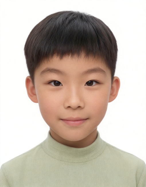 保留第一张图中人物发型､脸型､年龄特征生成标准样式纯正面儿童证件照;人物主体严格居中,头部大小与位置严格对齐第二张图,双肩水平平衡,面部中轴线对齐画面中心,正视前方;标准儿童证件照构图,人物绝对居中,预览效果