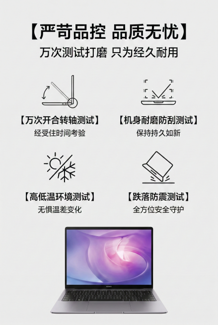 2:3竖版电商详情图，杂志级精致排版，与整体统一极简商务科技风，色调统一，所有中文文字使用统一的极简无衬线字体，格式规范统一。画面底部放置严格还原上传的华为轻薄笔记本产品缩略图，严格还原上传的产品图，预览效果