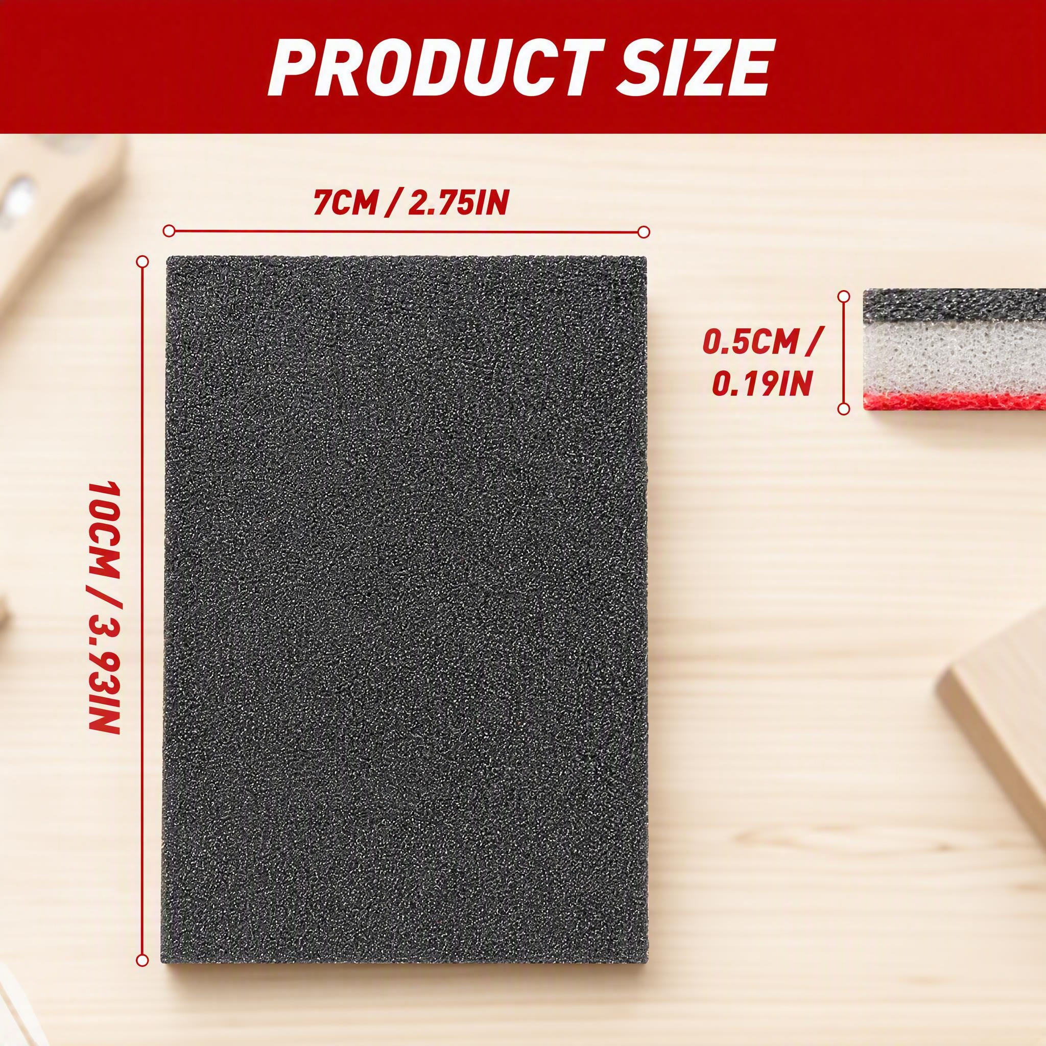 产品尺寸标注图，单张海绵砂纸展示。顶部深红色通栏，白色粗体大标… - 图片创意预览
