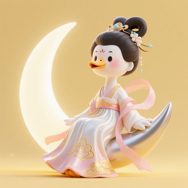 （嫦娥服饰和发型）的拟人化鹅形象坐在弯月上。淡黄色背景预览效果