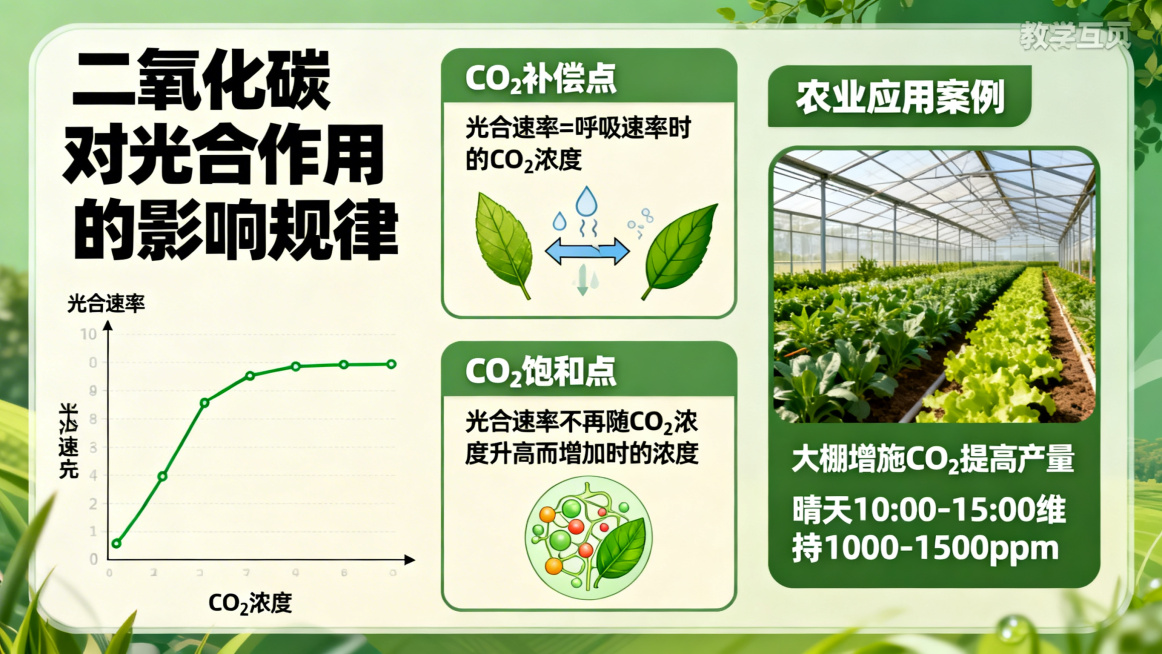 生成光合作用影响因素-二氧化碳浓度交互页，内容包含：二氧化碳对光合作用的影响规律，CO₂补偿点、CO₂饱和点概念，农业应用案例，风格和前面页面统一，绿色教学风预览效果