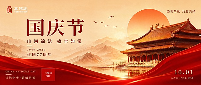 参考图版式复刻，将竖版国庆节海报改为横版公众号封面，比例16:9。保留参考图的红金国风氛围、配色体系和版式骨架，适配横版构图。画面元素：故宫角楼古建筑位于画面右侧中景，层叠远山在左侧背景，巨大的橙红色红日在右侧天空，前景飘动的红色绸缎在底部，几只飞鸟在天空翱翔，水面倒影。左上角保留品牌logo区域：红色印章式logo图标 + "高伟达" + "Global InfoTech"。右上角文字"盛世华诞 共赴美好"。左侧主标题区：超大字号"国庆节"深红色宋体，下方副标题"山河锦绣 盛世如常"，再下方"1949-2026"和"建国77周年"竖排或横排排列。右下角："10.01" + "NATIONAL DAY"。左下角："CHINA NATIONAL DAY" + "锦绣中华·繁荣昌盛"。暖金色渐变天空背景，整体庄重大气，国风新中式工笔风格，光影柔和，节日氛围感强，排版精美，文字清晰可读。画面中所有数字必须精确渲染，不得错位、遗漏或编造。画面中所有信息区域必须填充完整合理的内容，不得出现空白框、空白占位。画面中所有二维码区域使用纯色方块占位符呈现，方块中央标注"二维码占位"文字，严禁生成任何可识别的二维码图案。