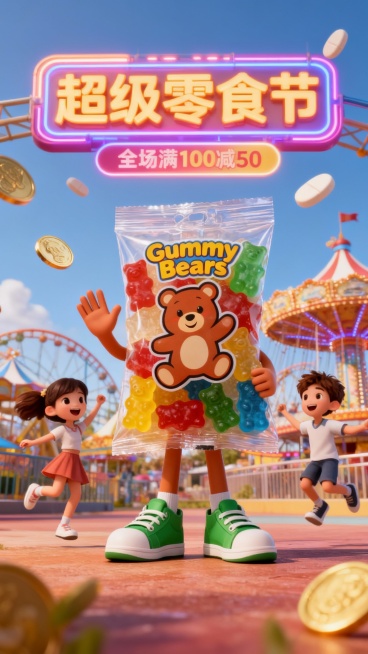 一个拟人化的图中零食包装站在中央，穿着绿色运动鞋，用手打招呼，周围有两位快乐跳跃的小孩（一男一女），背景是游乐园，空中漂浮着钙片金币，主标题为霓虹灯牌“超级零食节，主标题下方有“全场满100减50”标预览效果