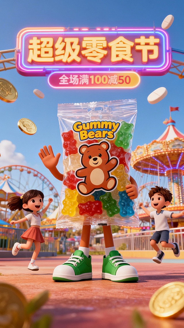 3D卡通风格，拟人化糖果袋化身萌趣角色，霓虹灯招牌闪耀“超级零食节”，塑料质感包装与乐园背景营造童趣喜庆氛围，满减促销信息突出，趣味十足。