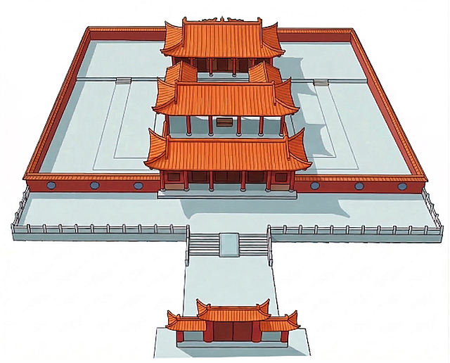去掉图片左上角和右上角的房子，将这两个位置替换成和整体风格一致的围墙，保留其他原有建筑和布局不变