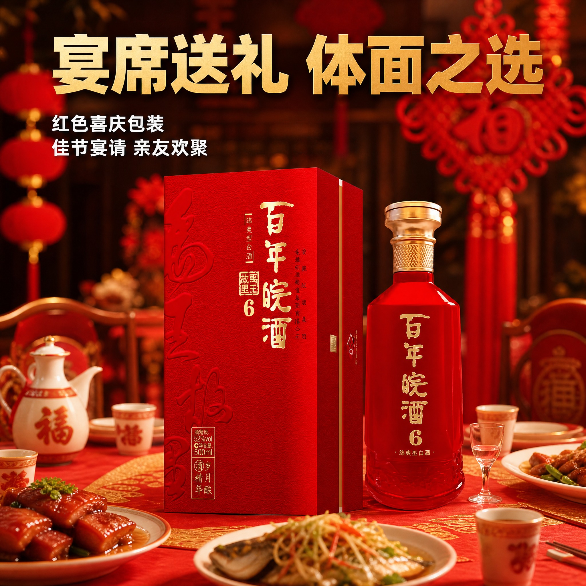 [主图-3] 百年皖酒6宴席送礼场景，喜庆餐桌场景，展示整盒送… - 图片创意预览