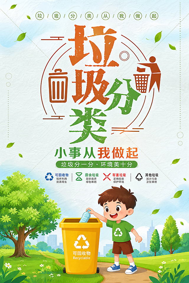 参考图片风格，重新生成一张垃圾分类主题竖屏海报。卡通插画风格，清新明亮的色调。画面上方有艺术字标题"垃圾分类"，搭配垃圾桶和扔垃圾的人物图标装饰。中间有宣传标语文字。画面下方是卡通小男孩正在将垃圾投入黄色可回收垃圾桶的场景，周围有绿色草地、树木和飘落的树叶，背景是淡蓝色天空和浅色纹理。整体风格活泼可爱，具有环保教育意义，适合宣传使用。