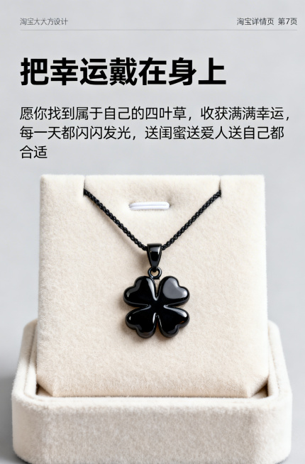 淘宝详情页第7页，四叶草黑玛瑙项链祝福语展示，标题"把幸运戴在身上"，内容：愿你找到属于自己的四叶草，收获满满幸运，每一天都闪闪发光，送闺蜜送爱人送自己都合适，背景简洁，风格简约大方，配色协调统一预览效果