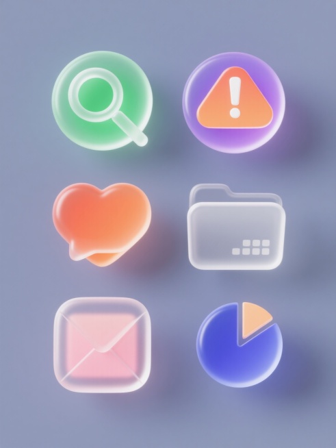 一组6个完全不同造型的3D半透明玻璃拟态UI图标系列素材集合，保持原有玻璃质感、立体光影效果和简约几何造型风格，整体色彩变换为[请在此处插入目标颜色，如：清新绿色/活力橙色/优雅紫色/沉稳灰色/温暖粉色/深邃蓝色]，每个图标包含放大镜、感叹号警告、对话框、心形、信封、文件夹、日历、饼图等基础功能元素，以3行2列规整排布在纯色背景上，图标边缘有精致白色高光描边，内部有半透明渐变填充，呈现出光滑圆……预览效果