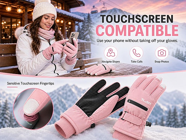 [商品] 参考【图2】中的粉色款女士滑雪手套；严格保留完整五指结构（大拇指必须完整可见）、TLAP白色Logo、手背横向黑色拉链口袋、腕部魔术贴调节扣、粉色罗纹加长袖口、黑色防滑掌心纹理、指尖白色拼接和整体版型；右侧展示一双粉色手套（掌心+手背并排），食指指尖触屏区域有高亮效果，增强面料纹理、缝线、拉链、魔术贴扣和防滑颗粒质感，不改变颜色和结构。
[画面] 页面目标：亚马逊高级A+移动端触屏功能页（竖版4:3），展示戴粉色手套操作手机的便捷性，竖版上下布局，画面饱满无留白。构图骨架：上方约45%为女模特上半身操作手机场景（占满上半幅），中间约20%为标题+3个卖点图标，下方约35%为粉色手套产品特写+指尖触屏放大窗（占满下半幅）。主体占比：模特+场景占43%，文字+图标占20%，产品+放大窗占37%。景别：模特为中景上半身，手套产品为近景特写。阅读动线：从上到下：模特操作手机→主标题→3个卖点→产品图+触屏放大。前中后景：前景积雪木桌上的手套产品+指尖放大窗，中景坐长椅上的女模特，后景木屋暖光+雪山晚霞，上下场景自然过渡无空白。场景：滑雪场缆车站木屋旁，傍晚粉紫色晚霞，木屋透出暖黄灯光，女模特穿白色滑雪服、戴白色毛球针织帽和粉色围巾，坐在木长椅上，戴粉色滑雪手套，右手食指触碰手机屏幕，表情轻松自然。
[视觉] 套系策略：风格=跨境极简高级商业摄影，冷暖对比温馨质感；标题字=现代无衬线粗体（英文Bold Sans）；正文字=简洁无衬线体（英文Regular Sans）；主色=柔粉+雪白+暖木棕+冰蓝；背景延展=上方暖调木屋晚霞场景向下过渡到中部柔粉渐变，下方产品区为冷调雪山背景，整体和谐统一，画面饱满填充无留白；强调色=柔粉色，仅用于标题关键词、图标和触屏指尖高亮；标题色=深炭灰主字+柔粉色关键词；正文色=中灰色；组件=圆角白色信息卡、圆形图标底、指尖触屏放大圆窗；光影=左侧木屋暖黄光+右侧自然冷光形成冷暖对比，手套产品清晰立体，指尖触屏部位有微光高亮。
[文字] 中间主标题："TOUCHSCREEN"（大号粗体，深炭灰色），下一行"COMPATIBLE"（超大号粗体，柔粉色）；副标题："Use your phone without taking off your gloves."（中号，深灰色）；下方3个圆形图标横向排列：1) 地图图标 + Navigate Slopes 2) 电话图标 + Take Calls 3) 相机图标 + Snap Photos；产品区上方小字："Sensitive Touchscreen Fingertips"。所有文字全部横向排版，不遮挡产品主体和模特脸部，手机端清晰可读。
[规格] 图片比例4:3竖版（亚马逊高级A+移动端），4K分辨率，负向提示：避免留白、空白边缘、白边、黑边、手套缺指、拇指缺失、产品变形、颜色偏差、Logo错误、文字错字、文字过小、男性模特、价格信息、折扣文案、二维码、水印、绝对化用语、中文文字、竖排文字、旋转文字。