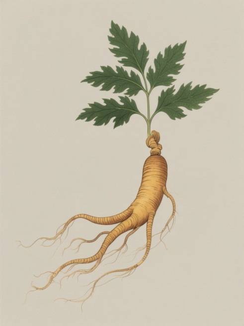 中国传统手绘风格插画，单一人参元素图案，人参主体为自然弯曲的根茎形态，表面有细密环状纹理，棕黄色根部带有分叉须根，顶部连接绿色羽状复叶，叶片边缘有锯齿，叶脉清晰，整体造型写实细腻，线条流畅，色彩为自然的棕黄色根茎搭配深绿色叶片，背景为纯色，构图规整居中，无文字、无logo、无水印，保持清新自然的传统插画风格。预览效果