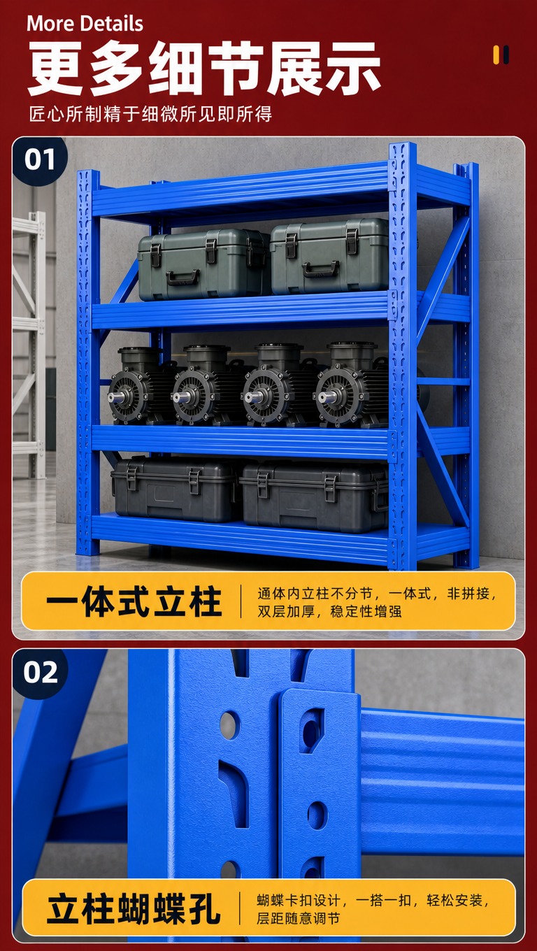 [商品] 使用【图1】蓝色四层仓储货架；保留立柱孔洞结构、横梁… - 图片创意预览