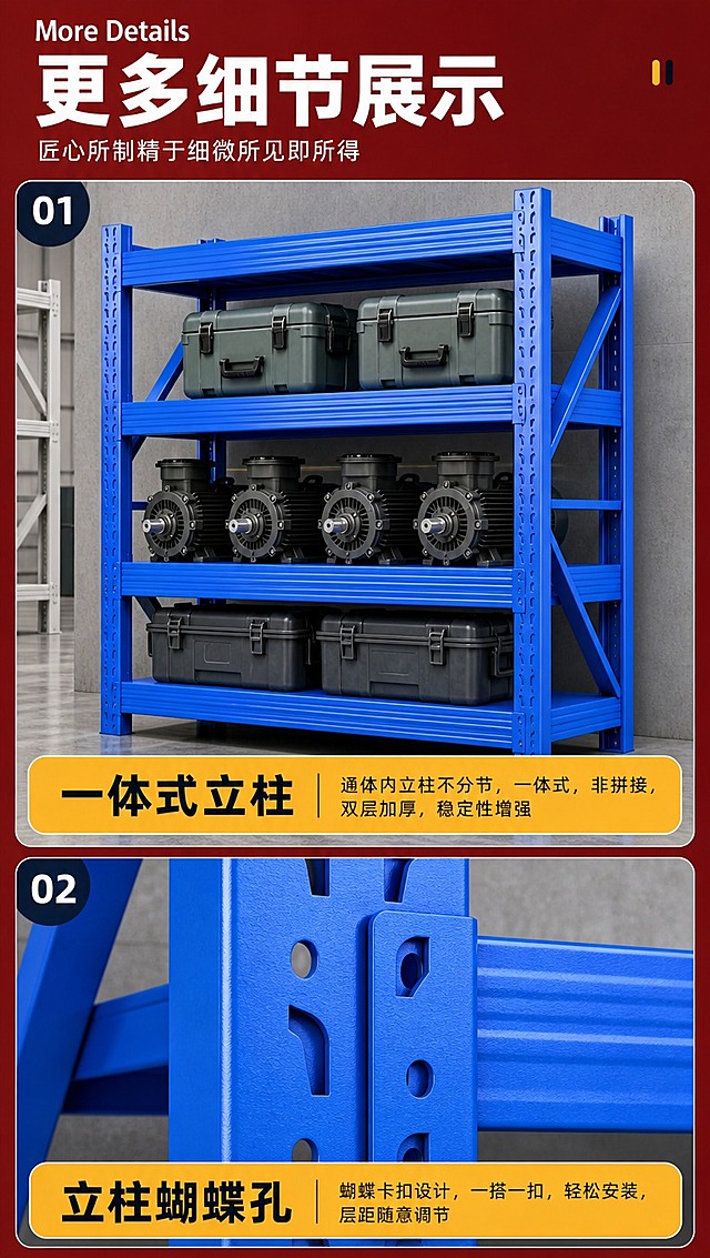 [商品] 使用【图1】蓝色四层仓储货架；保留立柱孔洞结构、横梁横向条纹细节、斜撑加固、蓝色金属材质、四层结构比例；加高横梁，完全按照商品图横梁处的横向条纹细节来做，视觉看着牢固结实，不改变商品整体结构和颜色。
[画面] 目标为「更多细节展示」详情页，参考【图2】版式结构：顶部深红色标题区，下方上下排列2个圆角矩形细节展示模块，每个模块左下角有圆形数字编号(01/02)，底部配橙黄色圆角信息卡。主体占画面约75%，上模块展示货架层板承重场景（放置工业设备箱和电机），突出一体式立柱结构；下模块展示立柱蝴蝶孔卡扣连接特写，突出安装便捷。阅读动线自上而下。
[视觉] 套系策略：风格=工业风专业商业3D渲染；标题字=粗黑无衬线黑体；正文字=简洁无衬线体；主色=工业蓝+深红；背景延展=深红色边框背景，内部细节图为工业场景（水泥墙/仓库）；强调色=橙黄色，仅用于底部信息卡和小图标；标题色=白色；正文色=深灰黑；组件=圆角矩形展示框、圆形数字编号、橙黄色圆角信息卡；光影=工业硬光，突出金属质感和结构立体感。
[文字] 顶部标题区：英文小字"More Details"（白色），主标题"更多细节展示"（白色大字），副标题"匠心所制精于细微所见即所得"（白色小字），全部为白色字体。第01模块底部信息卡：左侧大字"一体式立柱"，右侧小字"通体内立柱不分节，一体式，非拼接，双层加厚，稳定性增强"。第02模块底部信息卡：左侧大字"立柱蝴蝶孔"，右侧小字"蝴蝶卡扣设计，一搭一扣，轻松安装，层距随意调节"。文字均为横向排版，不遮挡货架主体关键结构。
[规格] 图片比例9:16竖版，4K分辨率，淘宝/天猫平台适配。负向提示：避免变形、错字、文字过小、横梁条纹细节丢失、结构不牢固、颜色偏差、竖排文字。