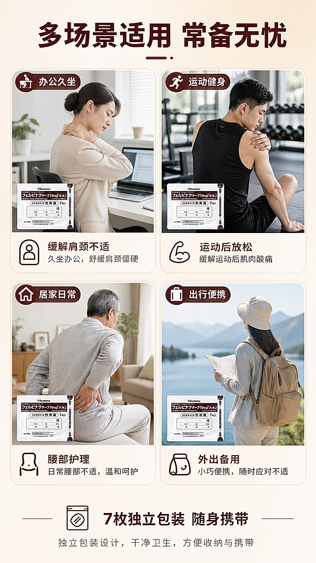 [商品] 使用【图1】久光制药联苯乙酸镇痛贴；保留包装原貌，每个场景格内配小型产品图。
[画面] 第7张·多场景适用页，目标覆盖多人群多使用场景。四格拼贴构图，2×2排列，每格一个场景：左上-办公室久坐白领肩颈不适、右上-运动健身后肌肉放松、左下-中老年人居家腰部护理、右下-外出旅行便携备用。每格配场景图+场景名称，产品包装小图融入各场景。背景为浅米白渐变，格间细线分隔。
[视觉] 套系策略：风格=日式简约医疗商业摄影风；标题字=思源黑体粗体；正文字=思源黑体常规体；主色=深棕红；背景延展=浅米白渐变+场景卡片浅底；强调色=深棕红；标题色=深棕红；正文色=深灰；组件=圆角场景卡、场景标签、小图标；光影=各场景内自然光线，整体统一柔和。
[文字] 顶部主标题"多场景适用 常备无忧"，四格分别标注"办公久坐"、"运动健身"、"居家日常"、"出行便携"，底部补充"7枚独立包装 随身携带"，文字全部横向排版。
[规格] 图片比例9:16竖版，4K，避免场景失真、人物表情夸张、医疗治愈承诺、绝对化用语。