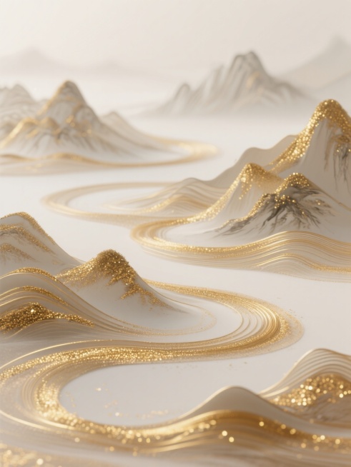 极简构图，高级感，高科技流沙质感，东方美学，超高清渲染，柔光扩散，高端优雅质感，丝滑的线条，层次感强，蜿蜒曲线构图，符合中国画留白感，金粉点缀，细腻，用金色丝线层层叠叠组成的山水图预览效果