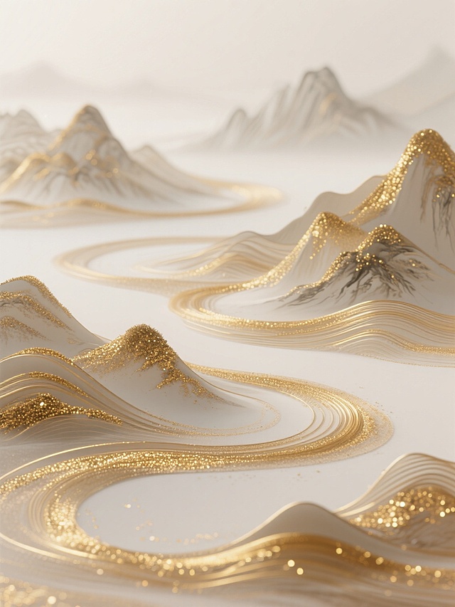 极简构图，高级感，高科技流沙质感，东方美学，超高清渲染，柔光扩散，高端优雅质感，丝滑的线条，层次感强，蜿蜒曲线构图，符合中国画留白感，金粉点缀，细腻，用金色丝线层层叠叠组成的山水图