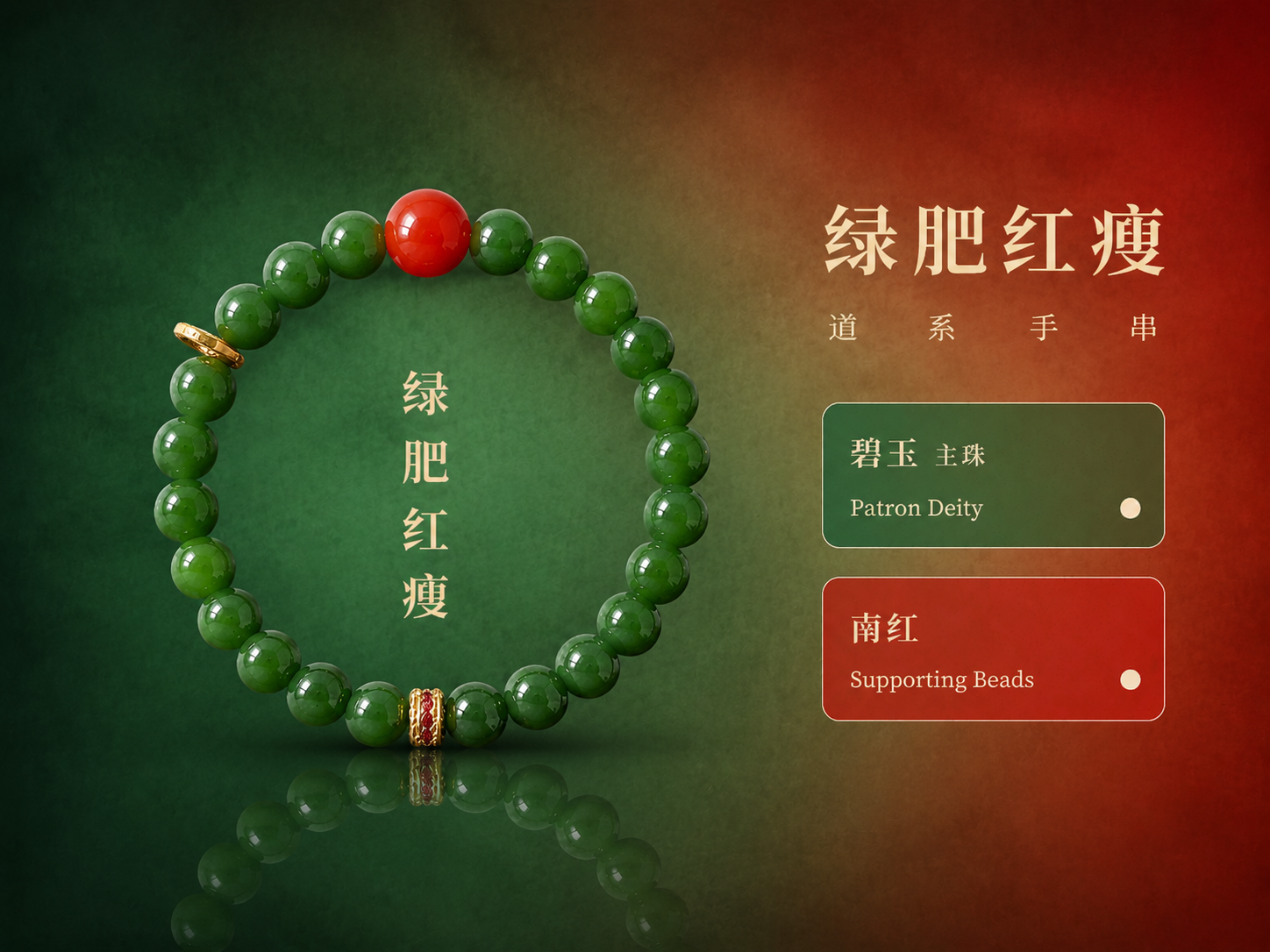 以之前道系手串宣传图的版式为模板，将这张碧玉南红手串制作成同款… - 图片创意预览