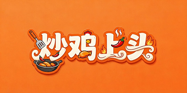 优化“炒鸡上头”餐饮字体设计，保持暖橙圆润可爱风格。将锅、铲、辣椒、鸡肉等元素以笔画变形的方式自然融入字体结构，元素与字体笔画衔接流畅不突兀，着重放大“炒”字视觉权重使其更突出，“上头”二字通过笔画设计自然体现过瘾氛围，整体和谐美观，适配餐饮门牌使用，背景简洁