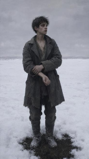 一个少年站在雪地上，穿着灰旧敞开领口的冬衣，少年有着深褐色近乎黑色的眼睛，里面有微弱的光，不诉苦只是望着远处，瞳孔微微收缩，他左手握着右手手腕，拇指按在脉搏上，手背上有一道淡得几乎看不见的褪色蓝色字母预览效果
