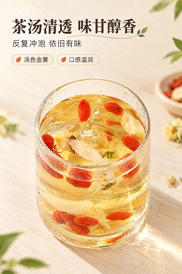 [商品] 使用【图4】玻璃杯冲泡成品图；保留玻璃杯形态、茶汤浅金黄色泽、杯中漂浮的枸杞黄芪片菊花等原料、水滴飞溅瞬间；茶汤颜色和原料分布完全保真。
[画面] 目标：质地冲泡页，突出茶汤清透质感与冲泡动态。构图：居中特写，玻璃杯占画面60%。主体：俯视角玻璃杯，茶汤清透呈浅金黄色，枸杞红润饱满漂浮其中，黄芪片舒展，菊花半开，水面有水滴溅起的动态瞬间，杯壁挂有细密水珠。背景：浅米白色木质桌面虚化，突出杯中茶汤质感。光影柔和，凸显茶汤通透感和原料悬浮的层次感。
[视觉] 套系策略：风格=清新自然养生商业摄影风；标题字=中式衬线粗体，温润有质感；正文字=简洁无衬线体；主色=浅米黄+草木绿；背景延展=基于浅米黄做深浅渐变、同色系柔和过渡，带细腻纸张质感；强调色=暖橙红，仅用于小面积图标、引线和标签点缀；标题色=深棕褐色；正文色=中暖灰；组件=圆角浅底信息卡、细线引线、叶片形装饰元素；光影=左前侧暖柔光，柔和自然阴影。
[文字] 左上角主标题"茶汤清透 味甘醇香"，副标题"反复冲泡 依旧有味"；下方配2个短卖点"汤色金黄""口感温润"；文字全部横向排版，不遮挡杯中主体茶汤，字号适中，手机端清晰可读。
[规格] 图片比例9:16竖版，分辨率2K，避免变形、错字、文字过小、冷蓝背景、茶汤颜色失真、虚假功效宣传。