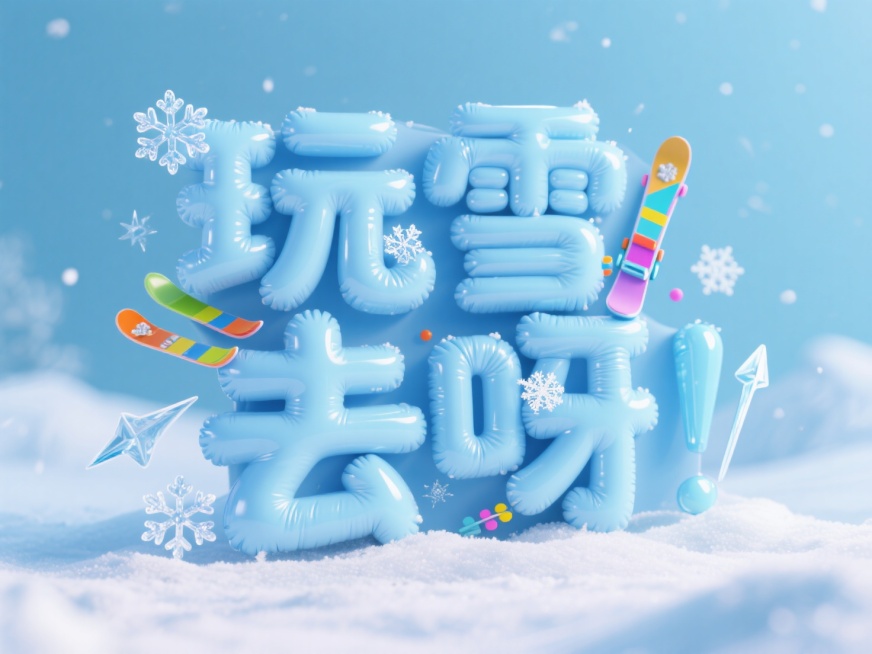 “玩雪去呀” 充气羽绒服样式字体，字体上装饰透明雪花、滑雪板、冰锥等彩色小元素，字体淡蓝色，背景为清冷的天青色预览效果