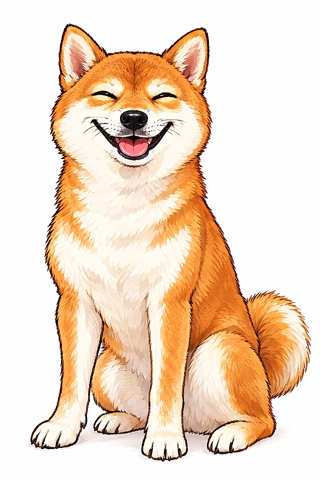 参考图中坐姿柴犬、眯眼咧嘴大笑的狗狗，重新绘制为彩色插画风格，毛发为橙棕色和白色相间，耳朵竖立，笑容灿烂得意，坐姿端正，生动形象，色彩搭配和谐自然，卡通手绘风格，干净白色背景