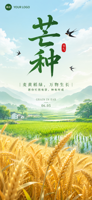 芒种节气祝福清新实景风通用全屏竖版海报预览效果