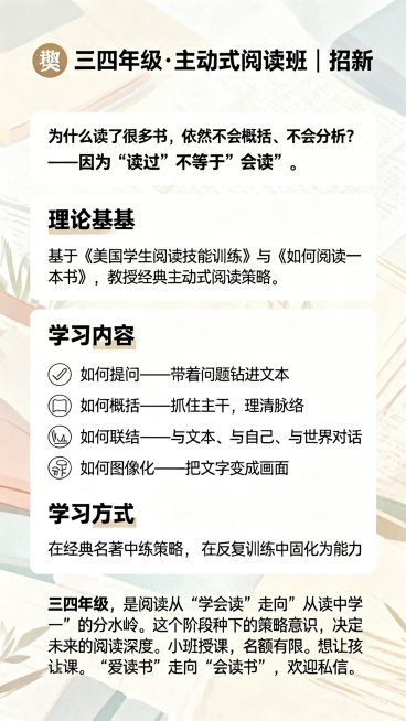 简洁大气风格的阅读班招新朋友圈海报，排版层次分明，低饱和度柔和配色，高级感设计。顶部是醒目的标题'📚 三四年级·主动式阅读班 | 招新'，用分区块面区分不同内容板块，留白充足。第一板块用引导性文案'预览效果