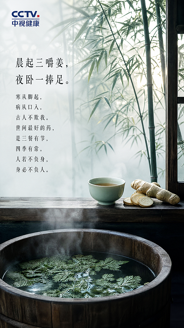 竖屏9:16朋友圈海报，清新自然冷调风格，高级设计感，国风宋代美学。画面主体：清晨窗边，一只青瓷茶杯盛着温热的姜茶，旁边摆放着几片新鲜生姜，窗外是薄雾笼罩的青竹林，晨光透过竹叶洒下柔和光影。画面下方有古朴的木桶，水中漂浮着艾草叶，水汽氤氲，表现晨起与夜卧的养生日常。左上角放置中视健康蓝色logo。文字采用宋代刊印体（宋体），文字内容为："晨起三嚼姜，夜卧一捧足。寒从脚起，病从口入，古人不欺我。世间最好的药，是三餐有节，四季有常。人若不负身，身必不负人。" 画面主体突出，超清摄影效果，冷青色调，极简禅意，留白雅致