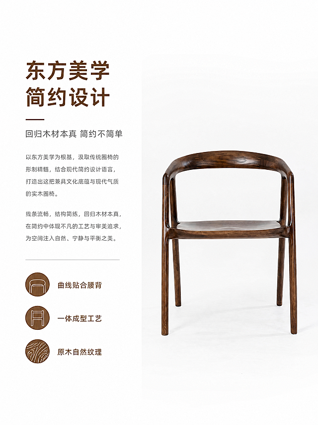 [第2屏] 设计美学阐述屏-北美黑胡桃木实木圈椅新中式简约设计。
[氛围/风格] 简约高级原木设计风，浅底木色，自然质感，素雅干净，排版简洁利落，偏设计杂志感。
[元素布局] 页面左侧35%区域放文案，右侧65%区域放产品细节图，使用【图2】椅子正面图放在右侧区域，保留产品结构和颜色不变，右侧产品图上下保留浅色留白。左侧文案区域分块排版，顶部放置主标题，中间文字阐述设计理念，底部放三个设计亮点icon标签。
[光影质感] 整体均匀柔和布光，右侧产品图保留清晰木质纹理和高光，明暗适中，文字区域无强烈光影，保证可读性。
[配色色系] 全局底色：#FFFFFF（纯白）；主体配色：#6B4423（木色+文字）；辅助色：#F5F0E6（浅棕块背景）。
[视角构图] 左文右图对称构图，左右留白均衡，信息层级清晰，阅读动线从上到下。
[文字版式] 主标题 "东方美学 简约设计"，左对齐，深棕色粗体，大字号。副标题 "回归木材本真 简约不简单"，小号深灰色字。下方三个亮点标签依次排列："曲线贴合腰背" "一体成型工艺" "原木自然纹理"，每个标签配小木纹圆形icon，文字清晰不拥挤。
[比例分辨率] 3:4竖版比例，4K分辨率，文字清晰可辨，超高清。
[负向提示词] 椅子变形，文字重叠，颜色偏差，水印，背景杂乱