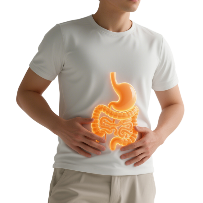 一位穿着白色短袖T恤和浅色休闲裤的男性，双手轻轻按压腹部，姿态自然。其腹部区域以半透明的橙黄色高亮显示出肠胃器官的3D解剖模型，模型细节清晰，包括胃的形态和部分肠道结构，呈现出轻微的发光效果以突出器官预览效果