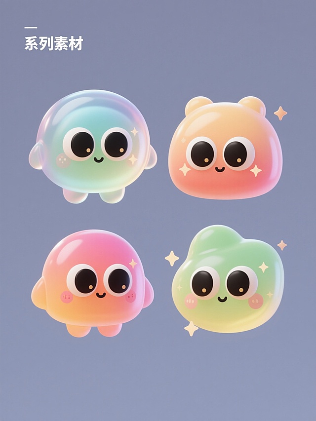 一套4个不同元素的系列素材集合，每个元素都采用圆润可爱的3D果冻质感设计，具有半透明光泽和柔和渐变色彩，配备夸张的黑色大眼睛，周围点缀小星星装饰，元素规整排布在纯色背景上，整体风格保持统一的卡通可爱设计感，画面整体色彩变换为不同色调，元素类目保持为拟人化的趣味小图标。