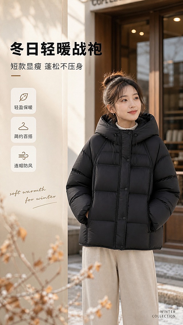 [商品] 使用【图1】黑色连帽短款羽绒服；商品处理：保留连帽抽绳、按扣门襟、插肩袖、横向绗缝方格、短款廓形、口袋、黑色面料颜色和蓬松质感；自然去除衣身杂乱褶皱，理顺垂坠，增强面料纹理、缝线、按扣和抽绳五金质感，不改变版型和结构。
[画面] 目标：冬日氛围感风格头图海报，建立高级简约调性。构图：左文右图，亚洲女模特穿着这件羽绒服站在简约韩系咖啡馆门口冬日街景中，姿态自然松弛，双手插兜，微侧身体，产品正面轮廓清晰；产品占画面约55%，前景虚化的冬日树枝/落叶，中景模特与服装主体，后景虚化的暖光咖啡馆门窗与米白色建筑墙面，营造冬日暖阳氛围。
[视觉] 套系策略：风格=韩系简约高级商业摄影；标题字=现代无衬线粗体（思源黑体Heavy）；正文字=简洁无衬线体（思源黑体Regular）；主色=炭黑+米杏；背景延展=基于米杏、暖灰做深浅层级、同色渐变和细腻水泥/纸张质感；强调色=奶咖棕，仅用于小面积图标、引线和标签；标题色=深炭黑；正文色=中暖灰；组件=圆角浅底信息卡、细线引线、手写英文小字装饰；光影=左前侧暖柔光，冬日午后阳光感，柔和阴影。
[文字] 左上留白放主标题「冬日轻暖战袍」，副标题「短款显瘦 蓬松不压身」，下方3个短卖点：轻盈保暖、简约百搭、连帽防风；右下角小号英文装饰「WINTER COLLECTION」；所有文字横排，不遮挡服装主体、帽口和袖口。
[规格] 图片比例9:16竖版，4K，避免变形、错字、文字过小、冷蓝/蓝灰背景、衣服颜色改变、版型失真、绝对化用语。