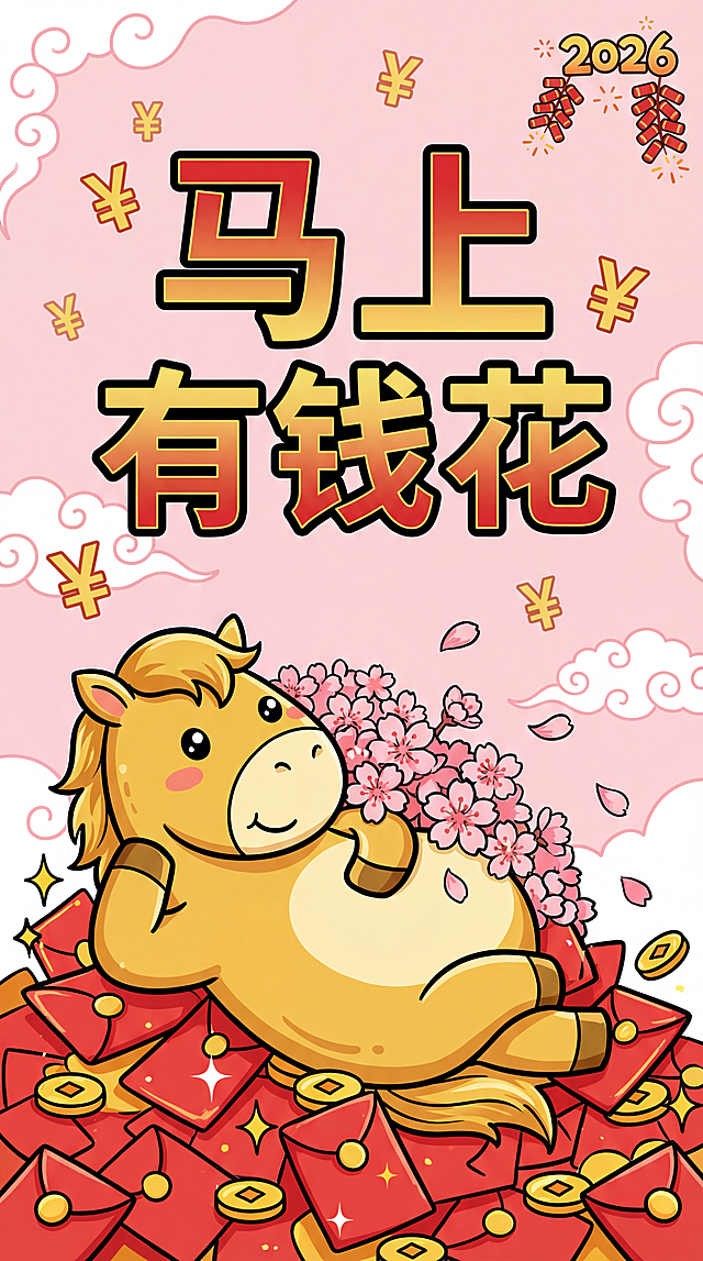 国潮风插画，拟人化金马坐满红包金币，剪纸元素点缀，喜庆卡通感十足，寓意2026马上有钱花。