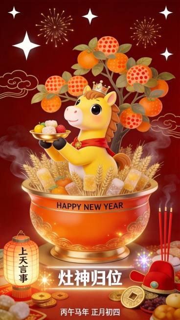 正月初四 · 恭迎灶神
画面以高饱和度的暗红与金色为主调，洋溢糖果色的多巴胺欢乐气息。背景暗红色，点缀着白色的四角星与放射状烟花图标，并融入祥云与炊烟纹样。

主体是一个橘红色描金的聚宝盆，盆侧印有微预览效果