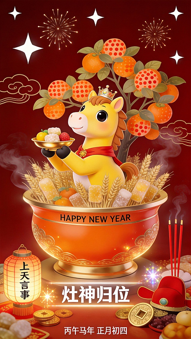 国潮风与3D拟物结合，卡通马戴皇冠手持果盘，置身丰盛大碗中，鎏金元素点缀，喜庆感十足，呈现正月初四“灶神归位”的节日氛围。