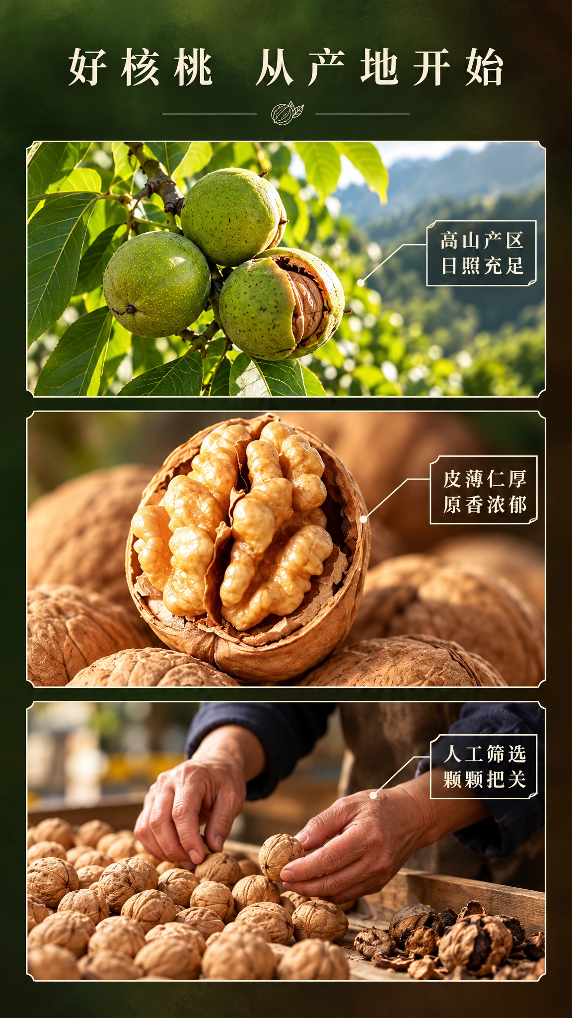 参考图中的薄皮核桃为主角，生成淘宝天猫商品详情页原料产地与工艺… - 图片创意预览