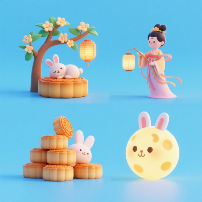 4个中秋素材组合包括：第一个：小兔子趴在一个大月饼睡觉背后桂花树上挂着灯笼；第二个：嫦娥拿着灯笼；第三个：多个月饼堆叠兔子在月饼堆后面探出头；第四个：月亮拟人有一对兔子耳朵。画面整体呈现鲜艳效果，淡蓝预览效果
