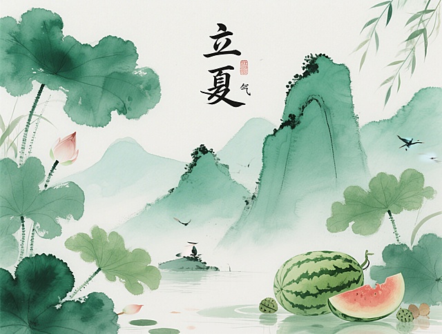 中国风立夏节气画面，青绿山水，夏日瓜果，清新雅致
