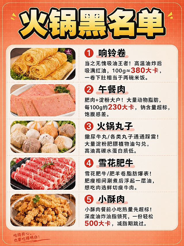 小红书美食科普长图，火锅黑名单主题，修改标题和右下角。顶部大标题改为「火锅黑名单」，超大号粗黑体，黄色渐变填充+黑色粗描边，醒目吸睛，位于画面顶部居中。画面主体5行食材和文字介绍完全保留不变：第1行响铃卷、第2行午餐肉、第3行火锅丸子、第4行雪花肥牛、第5行小酥肉，每种食材的实拍图和文字介绍、编号、红色高亮数字都保持原样。删除右下角的条框文字和任何底部条框装饰，其他内容完全不变。整体背景为暖红色浅渐变，带轻微网格纹理，布局清晰易读。风格：小红书科普笔记质感，与原图其他元素100%一致，只改标题和删右下角文字。画质高清细腻，文字完整处于安全区内不可裁切，四周留安全边距。画面比例3:4，4K。图生图：【图1】为当前火锅黑名单长图，修改顶部标题为「火锅黑名单」，删除右下角条框文字，其他不变。
