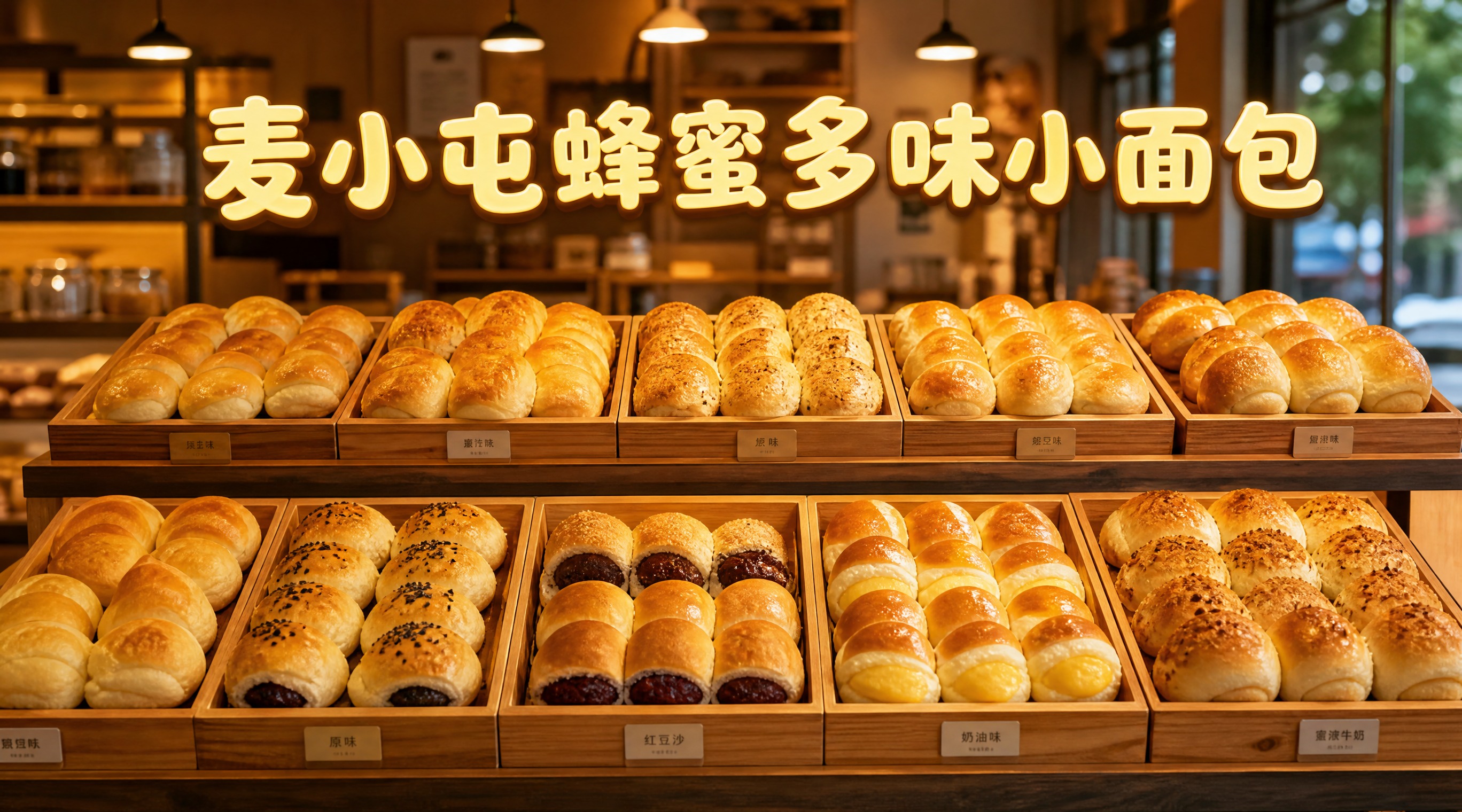麦小屯蜂蜜多味小面包店铺店招，写真风格，画面展示多款蜂蜜小面包… - 图片创意预览