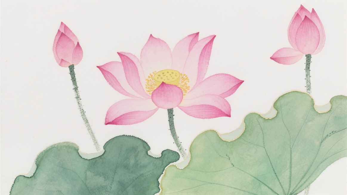 一朵盛开的粉色荷花位于画面中央，花瓣边缘呈渐变粉色，中心为黄色花蕊，其左侧有一朵含苞待放的粉色荷花骨朵，右侧上方有一朵半开的粉色荷花，下方有几片绿色荷叶，荷叶边缘呈波浪状，叶脉清晰可见，整体以白色为背景，采用水彩画风格，色彩清新淡雅，笔触柔和，具有中国传统水墨画的韵味。预览效果